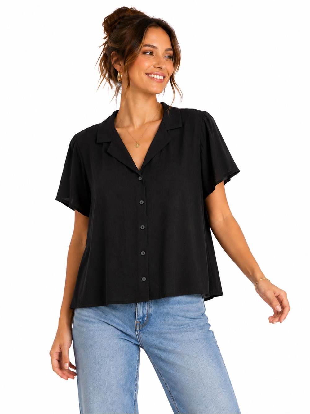 RACHEL Rachel Roy Black Camp Collar Button Front Blouse NWT Size Medium